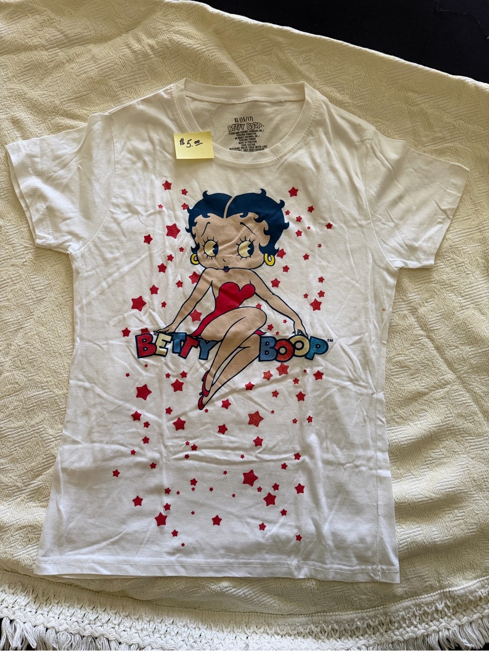 Betty Boop White Tee with Red Stars and Blue Hair Graphic
